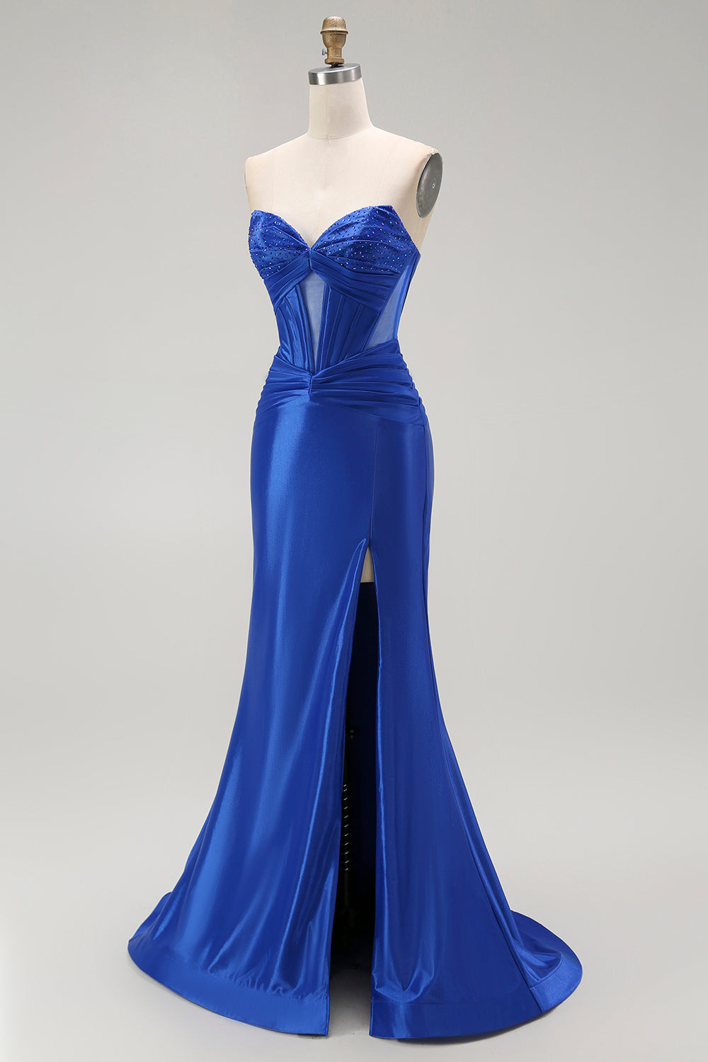 Sparkly Royal Blue Mermaid Corset Long Beaded Prom Dress with Slit