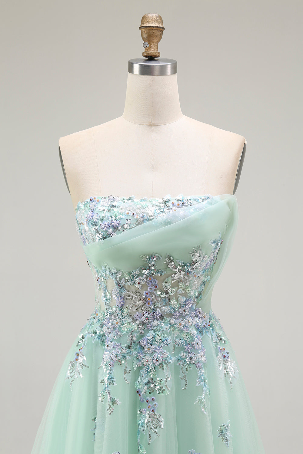 Floral Green A-Line Strapless Long Corset Prom Dress with Appliques