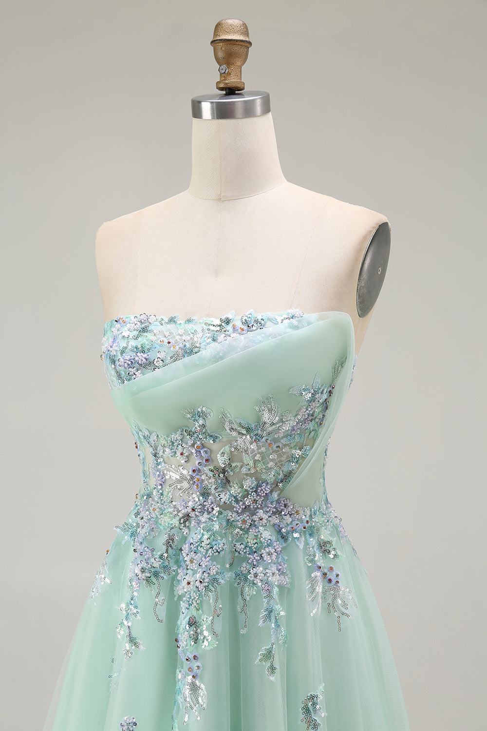 Floral Green A-Line Strapless Long Corset Prom Dress with Appliques