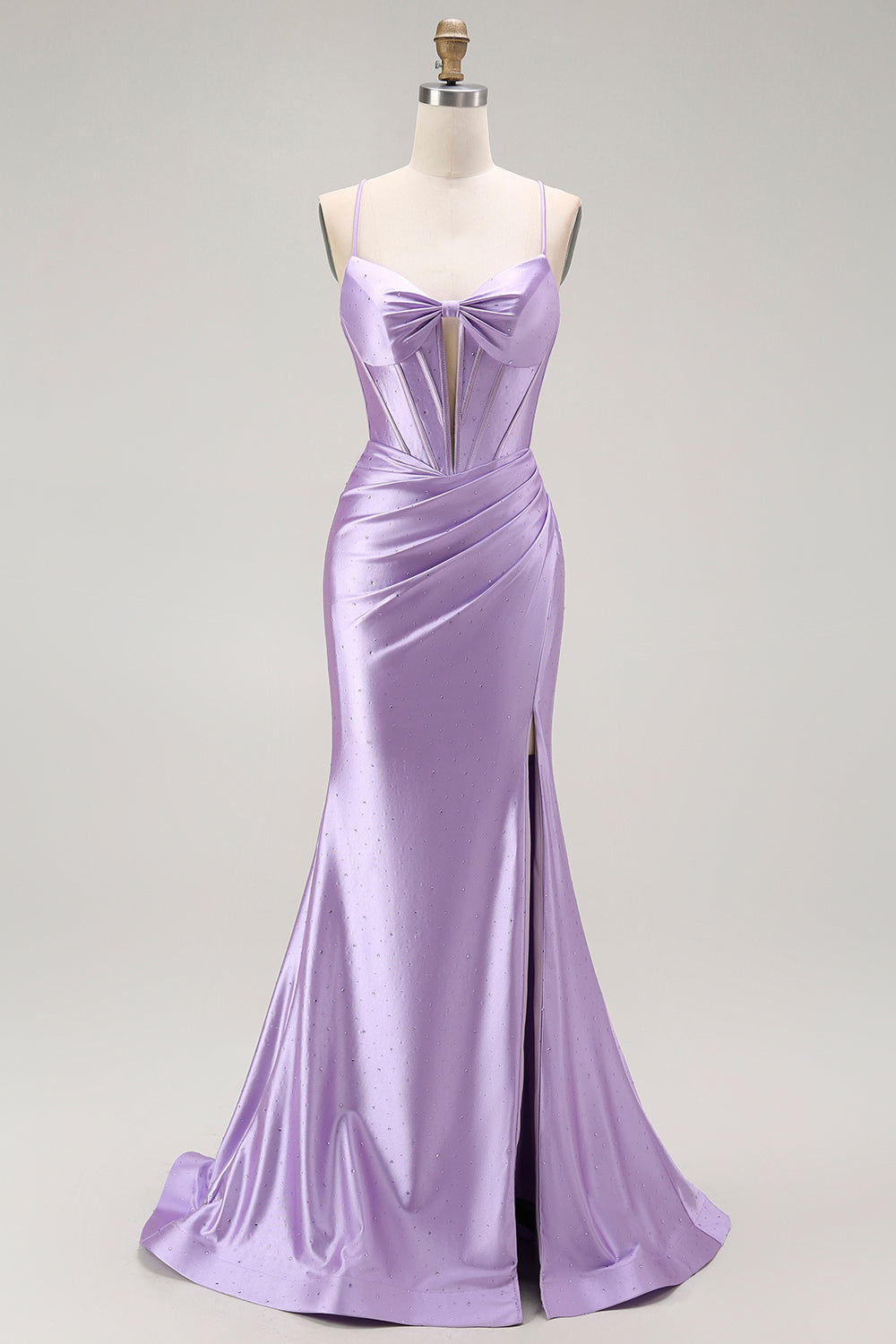Sparkly Purple Mermaid Satin Spaghetti Straps Long Corset Prom Dress with Slit