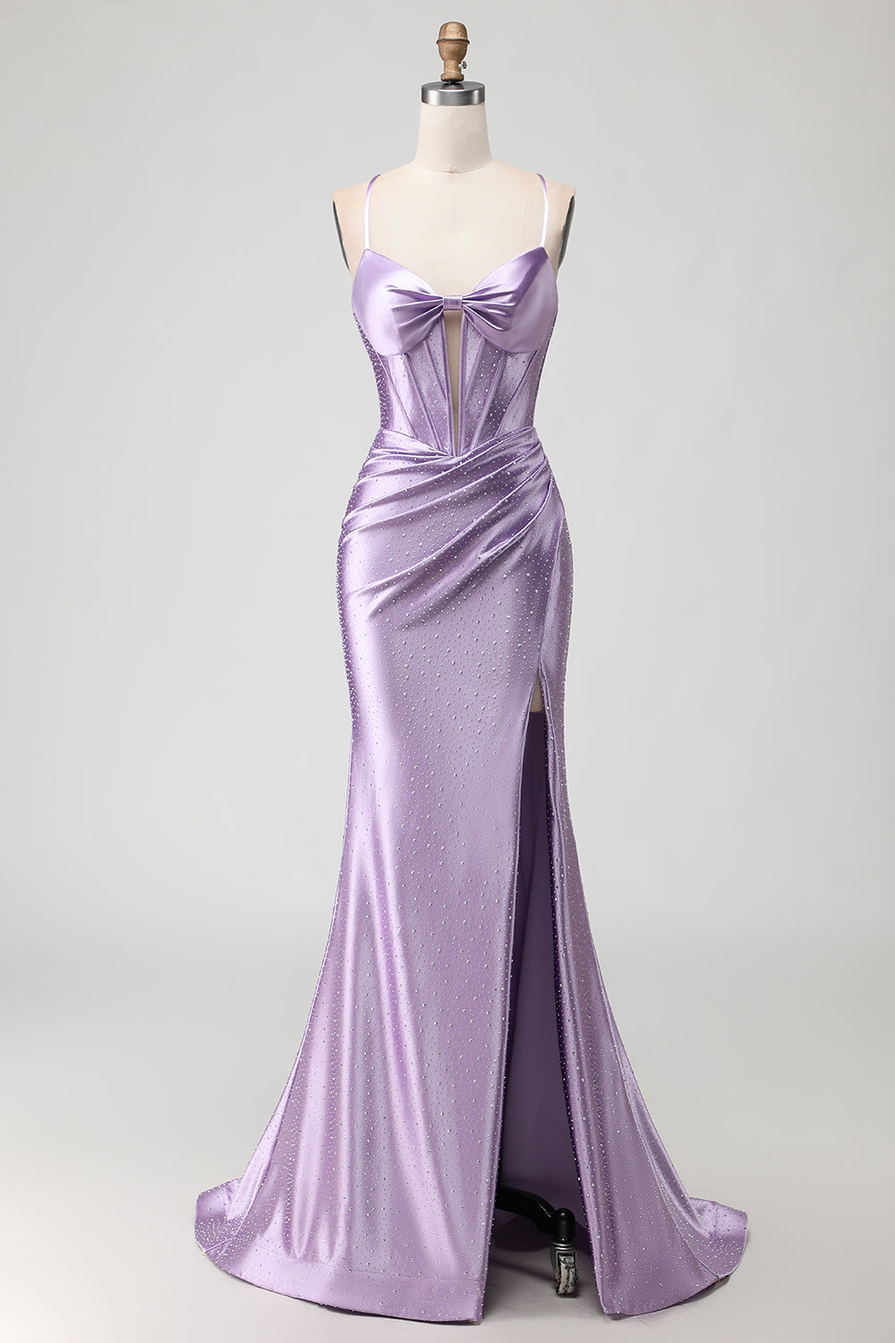 Sparkly Purple Satin Mermaid Spaghetti Straps Long Corset Prom Dress with Slit
