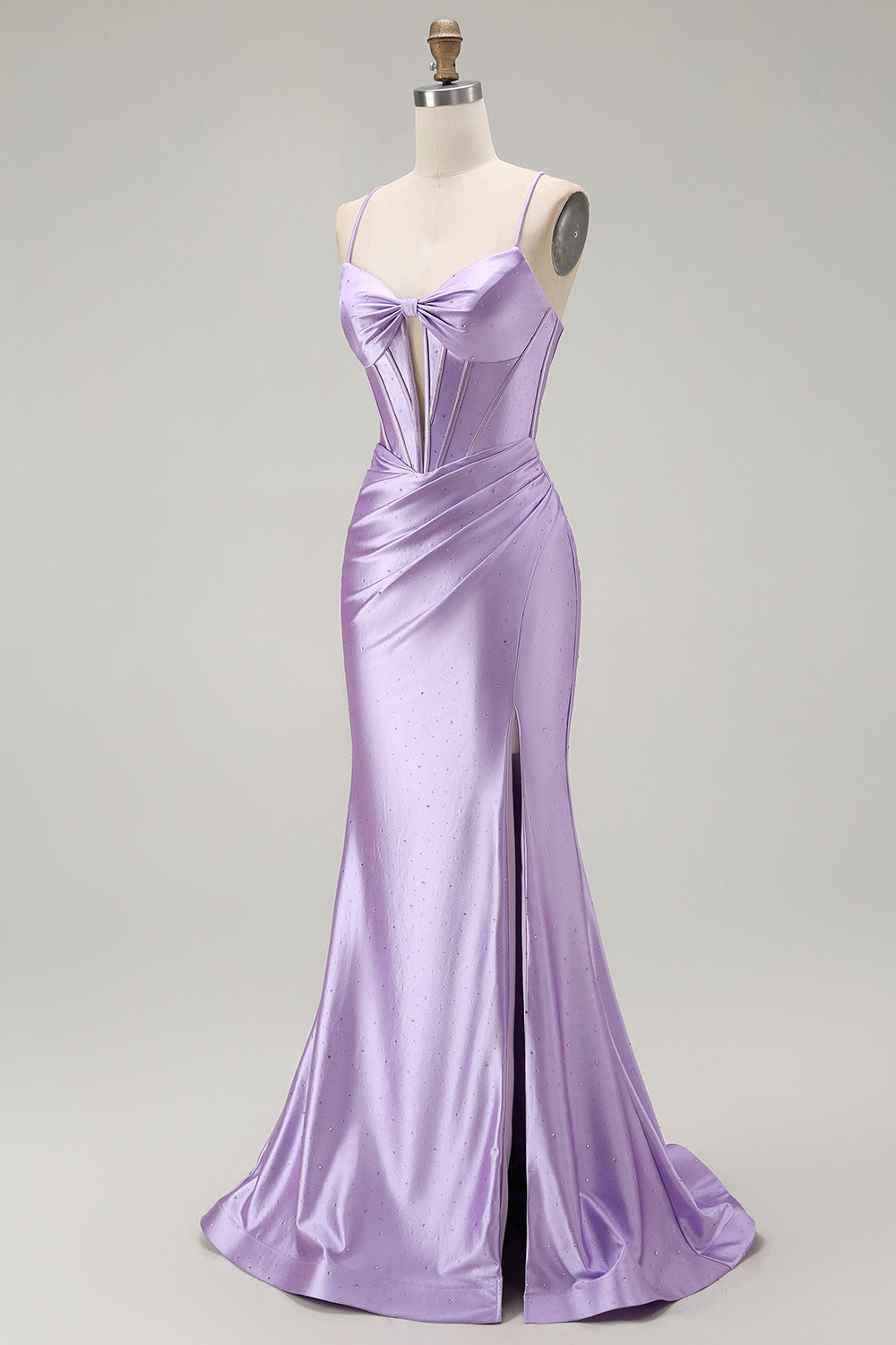 Sparkly Purple Mermaid Satin Spaghetti Straps Long Corset Prom Dress with Slit