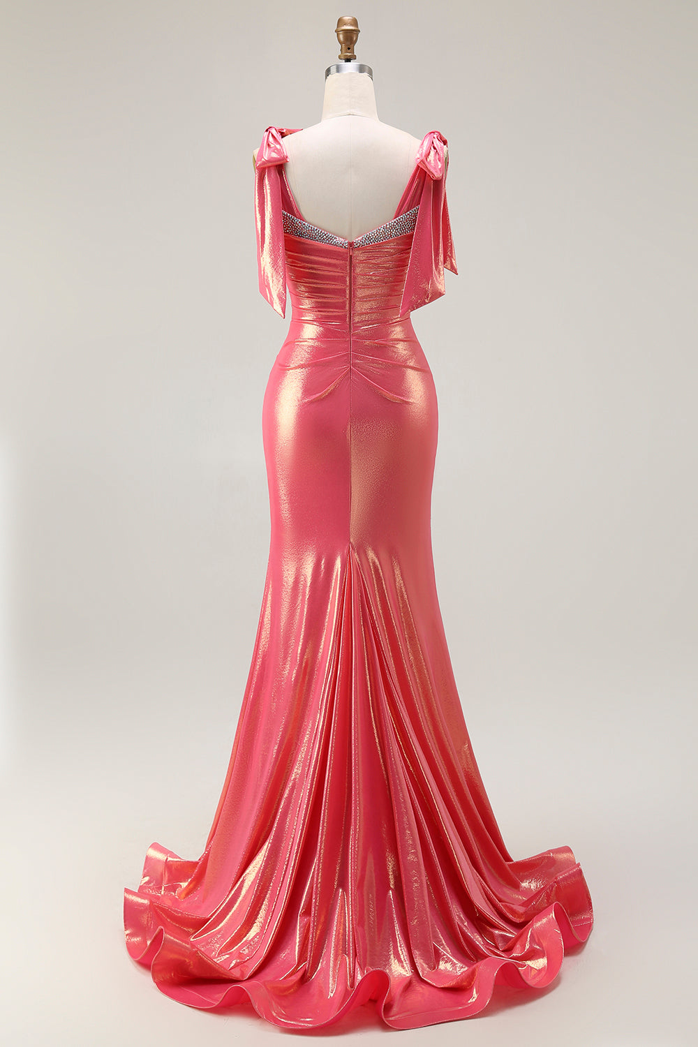 Metallic Coral Beaded Mermaid Ruched Long Prom Dress with Slit