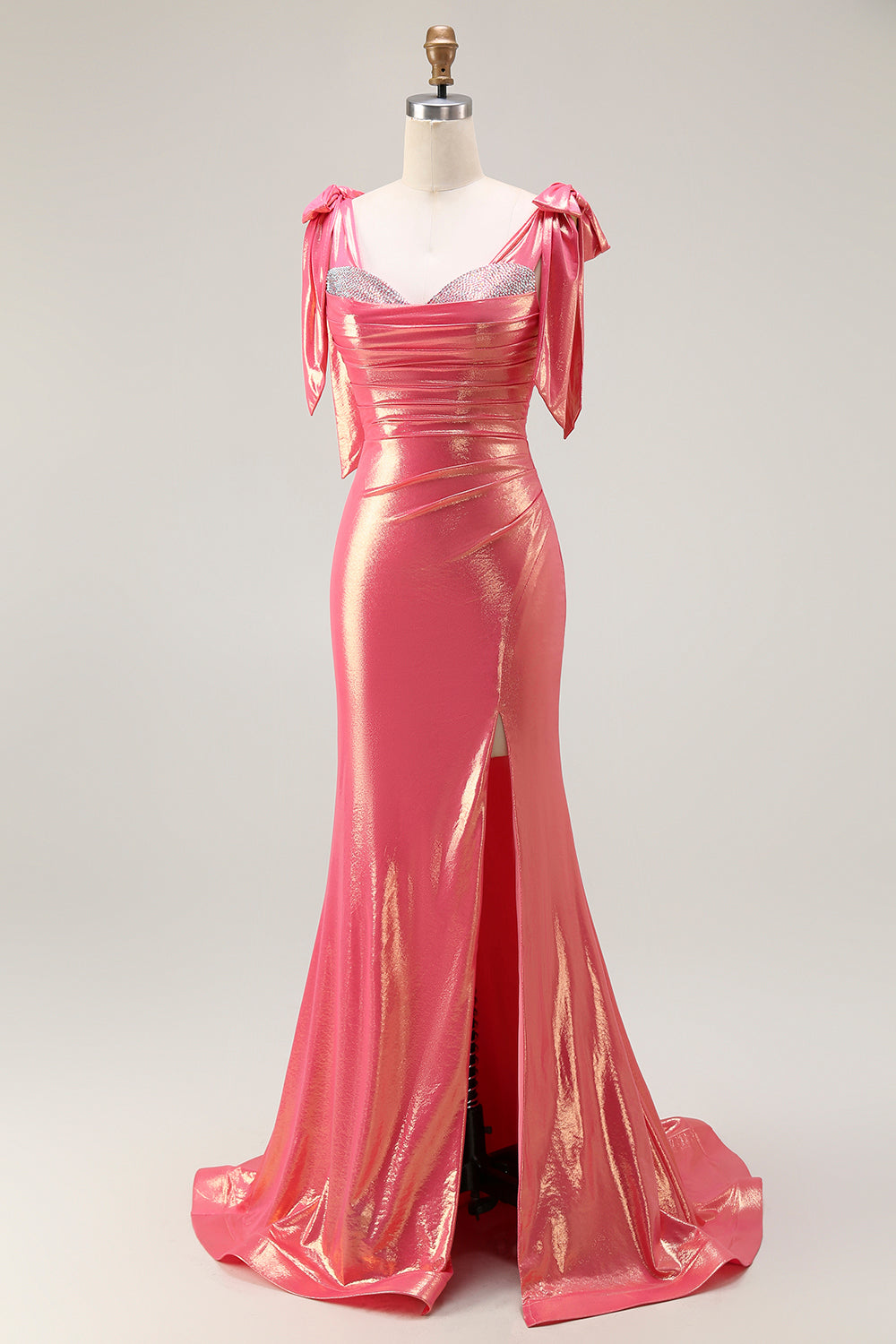 Metallic Coral Beaded Mermaid Ruched Long Prom Dress with Slit