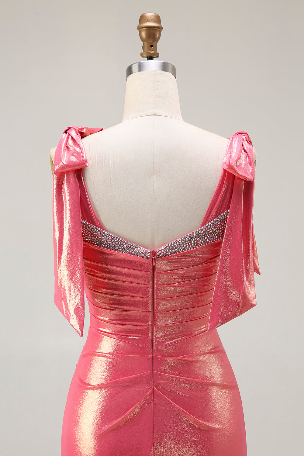 Metallic Coral Beaded Mermaid Ruched Long Prom Dress with Slit