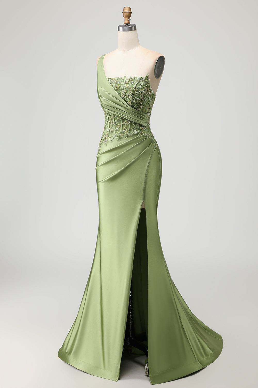 Sparkly Green One Shoulder Satin Mermaid Long Corset Prom Dress with Slit