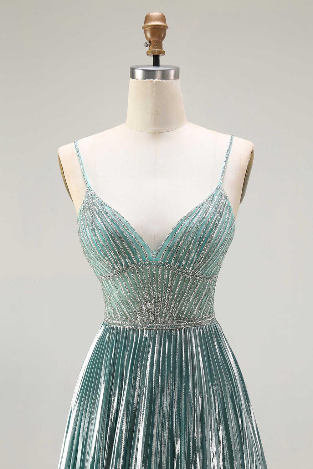 Sparkly Grey Green A-Line Corset Spaghetti Straps Long Metallic Prom Dress with Slit
