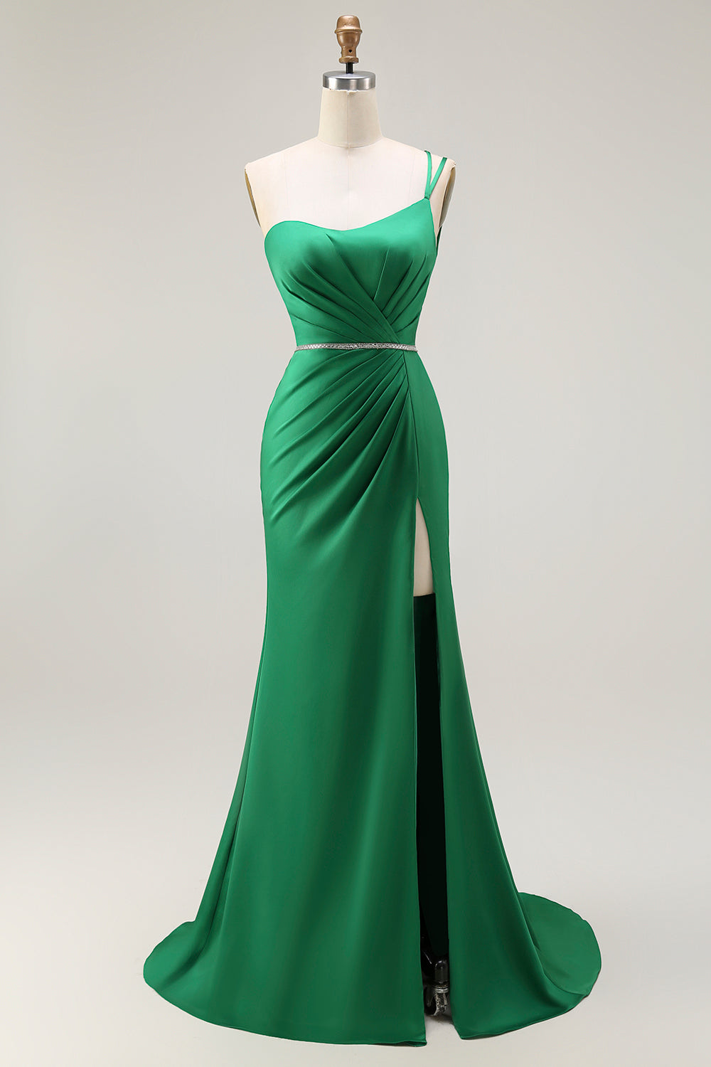Sparkly Dark Green Mermaid One Shoulder Ruched Long Prom Dress with Slit