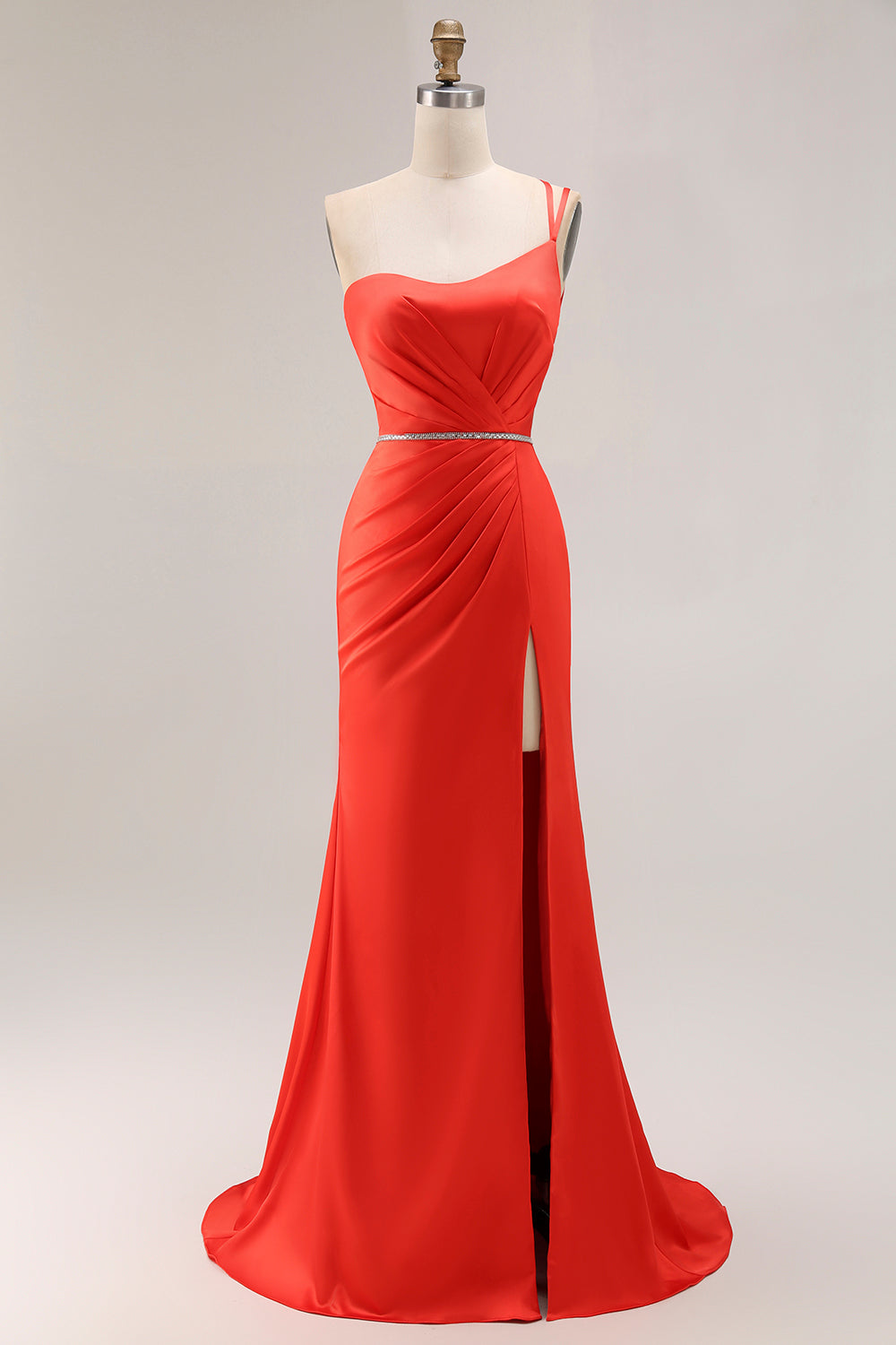 Orange One Shoulder Ruched Long Mermaid Prom Dress with Slit