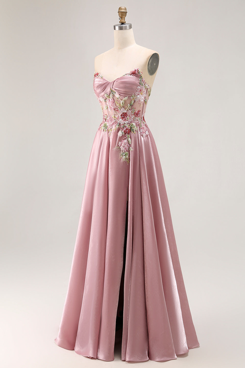 Floral Grey Pink A-Line Strapless Long Corset Prom Dress