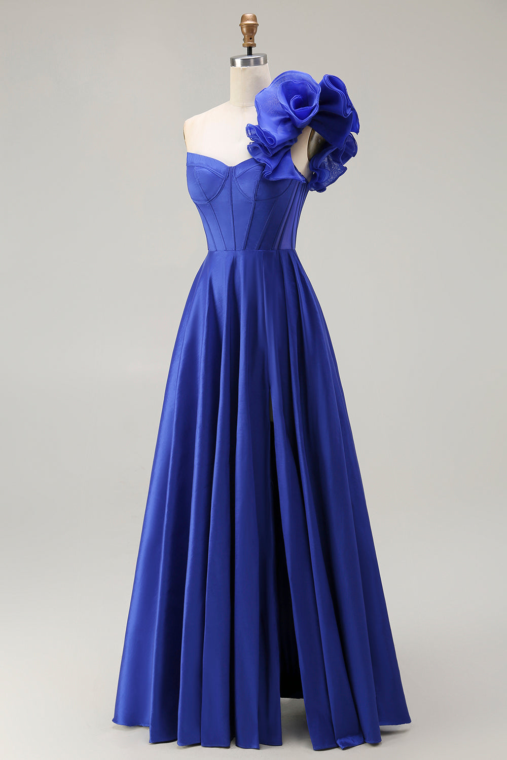 Floral Royal Blue One Shoulder A-Line Corset Long Prom Dress with Slit