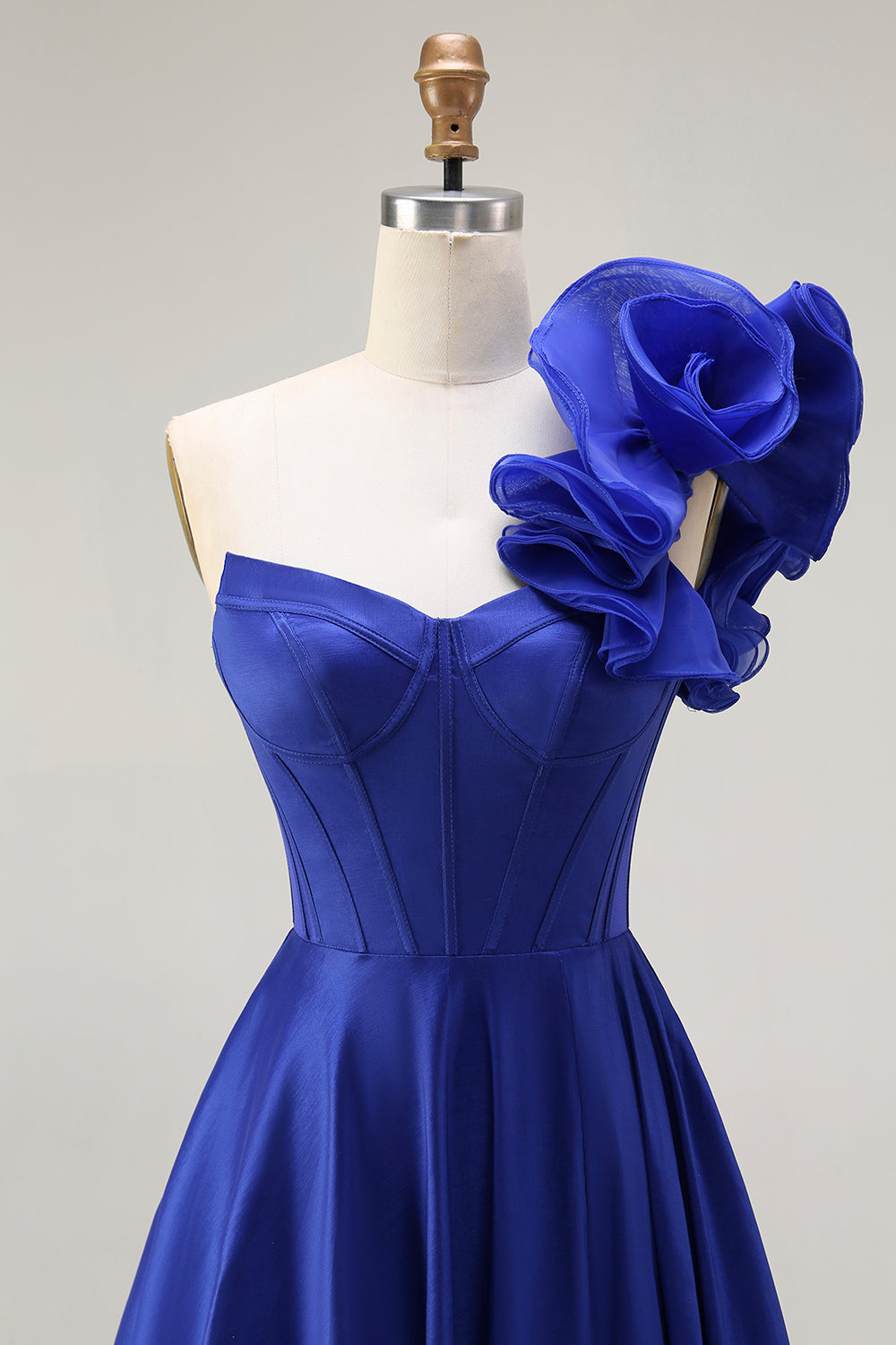 Floral Royal Blue One Shoulder A-Line Corset Long Prom Dress with Slit