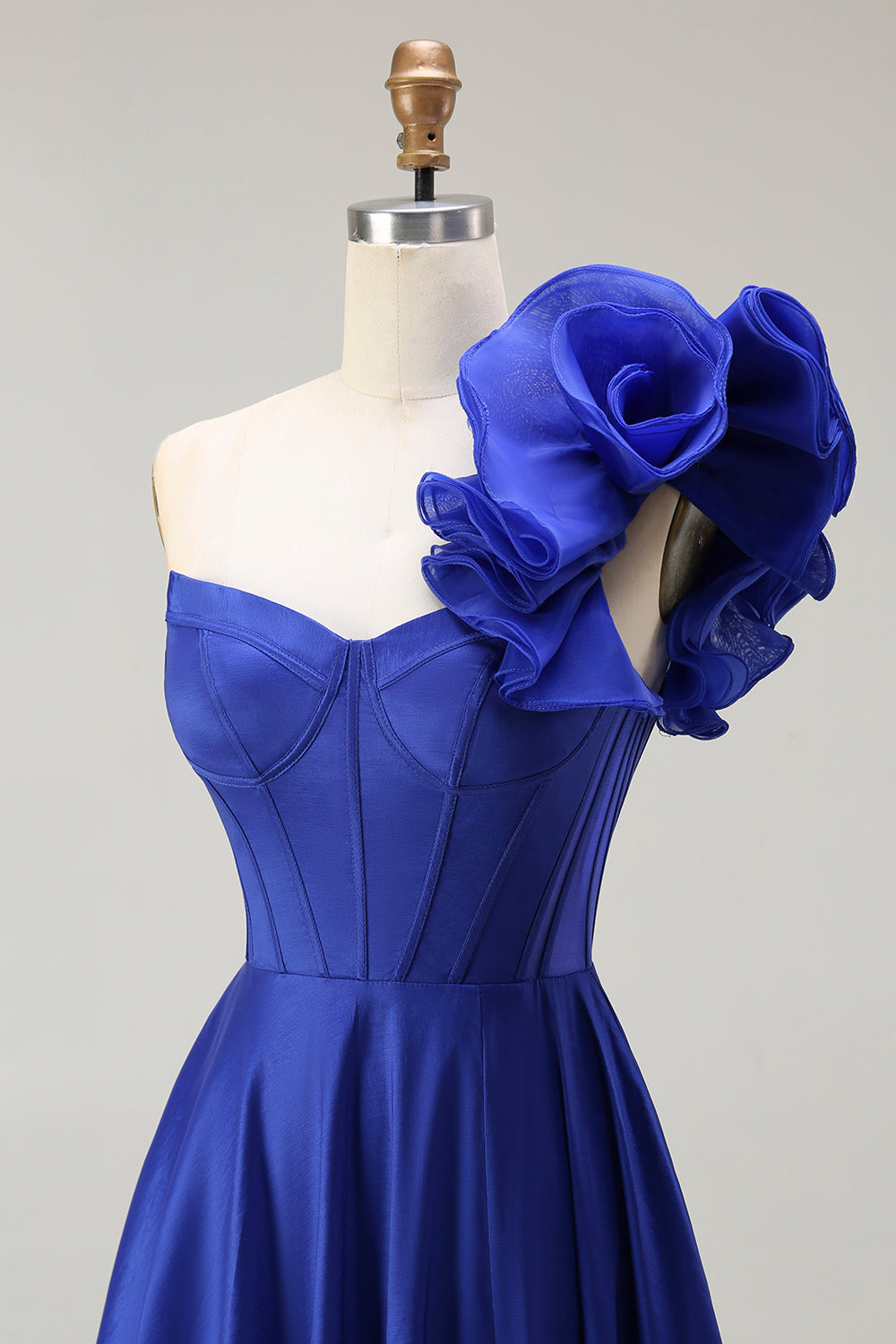 Floral Royal Blue One Shoulder A-Line Corset Long Prom Dress with Slit
