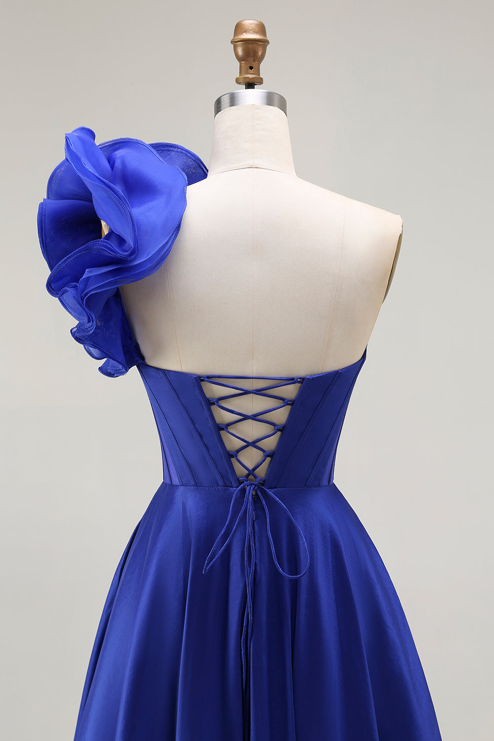Floral Royal Blue One Shoulder A-Line Corset Long Prom Dress with Slit