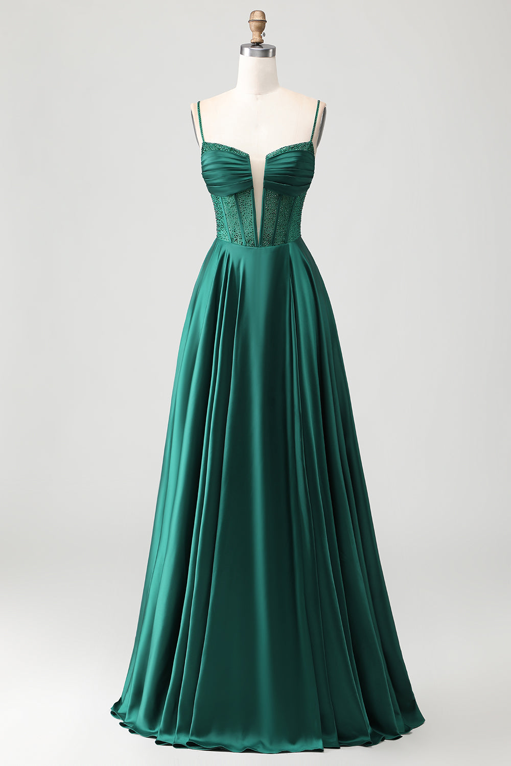 Sparkly Dark Green A-Line Satin Long Corset Prom Dress with Beading