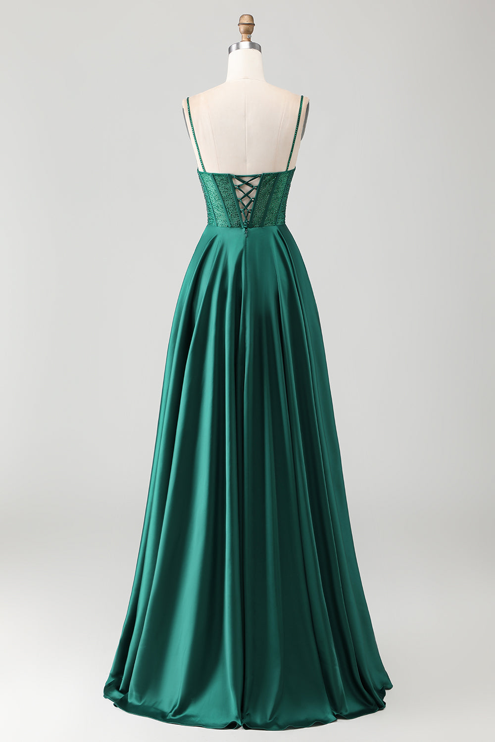Sparkly Dark Green A-Line Satin Long Corset Prom Dress with Beading