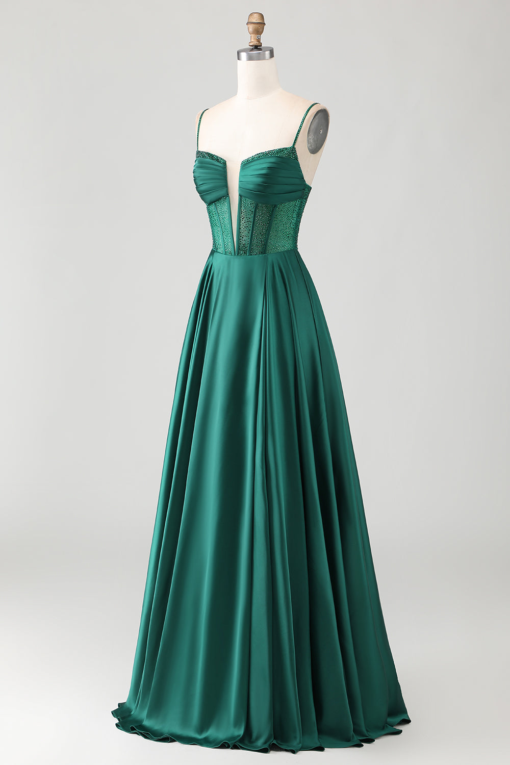 Sparkly Dark Green A-Line Satin Long Corset Prom Dress with Beading