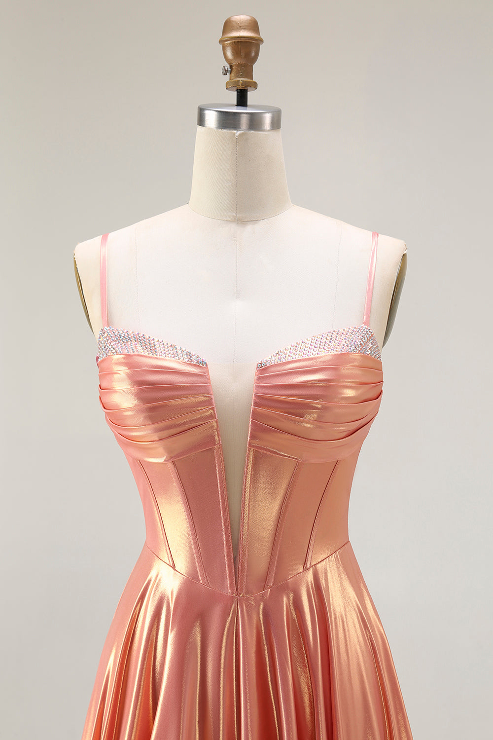 Metallic Orange A-Line Pleated Spaghetti Straps Long Corset Prom Dress