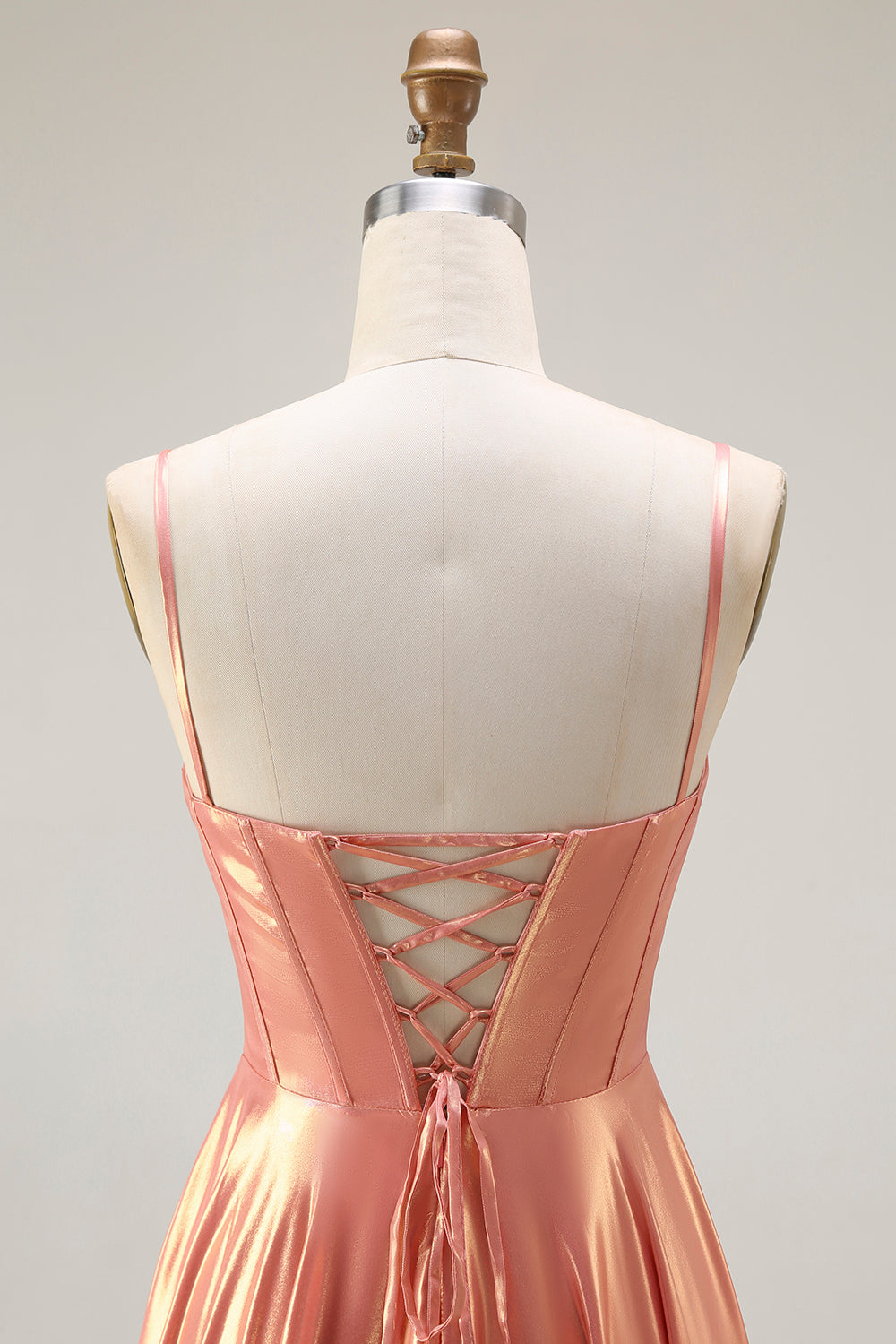 Metallic Orange A-Line Pleated Spaghetti Straps Long Corset Prom Dress