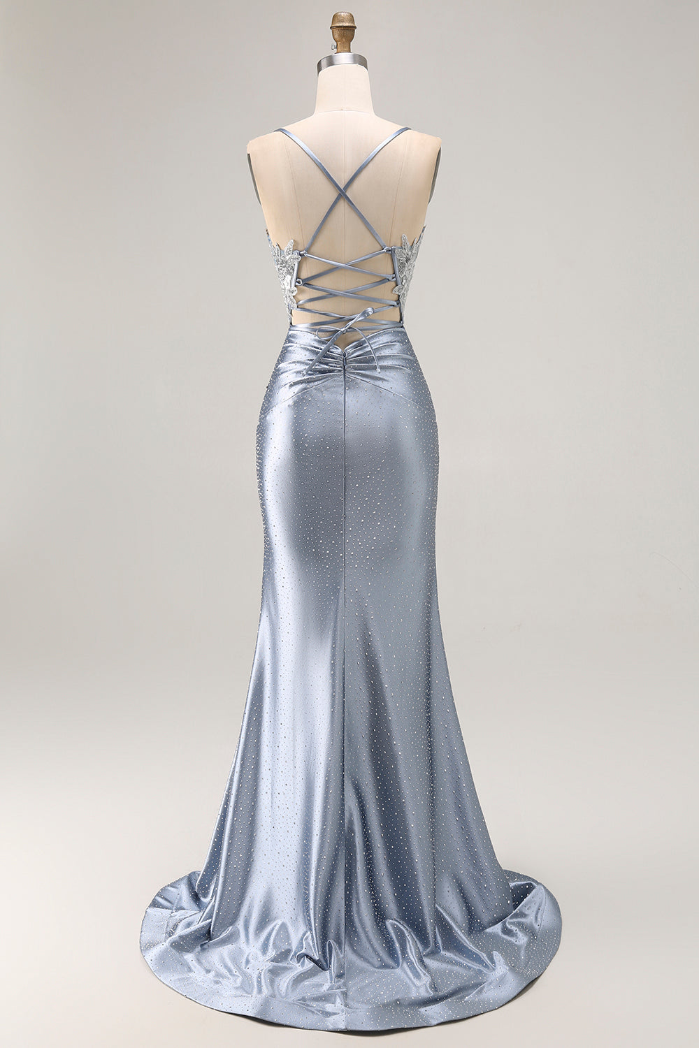 Sparkly Grey Blue Satin Mermaid Beaded Long Corset Prom Dress with Appliques