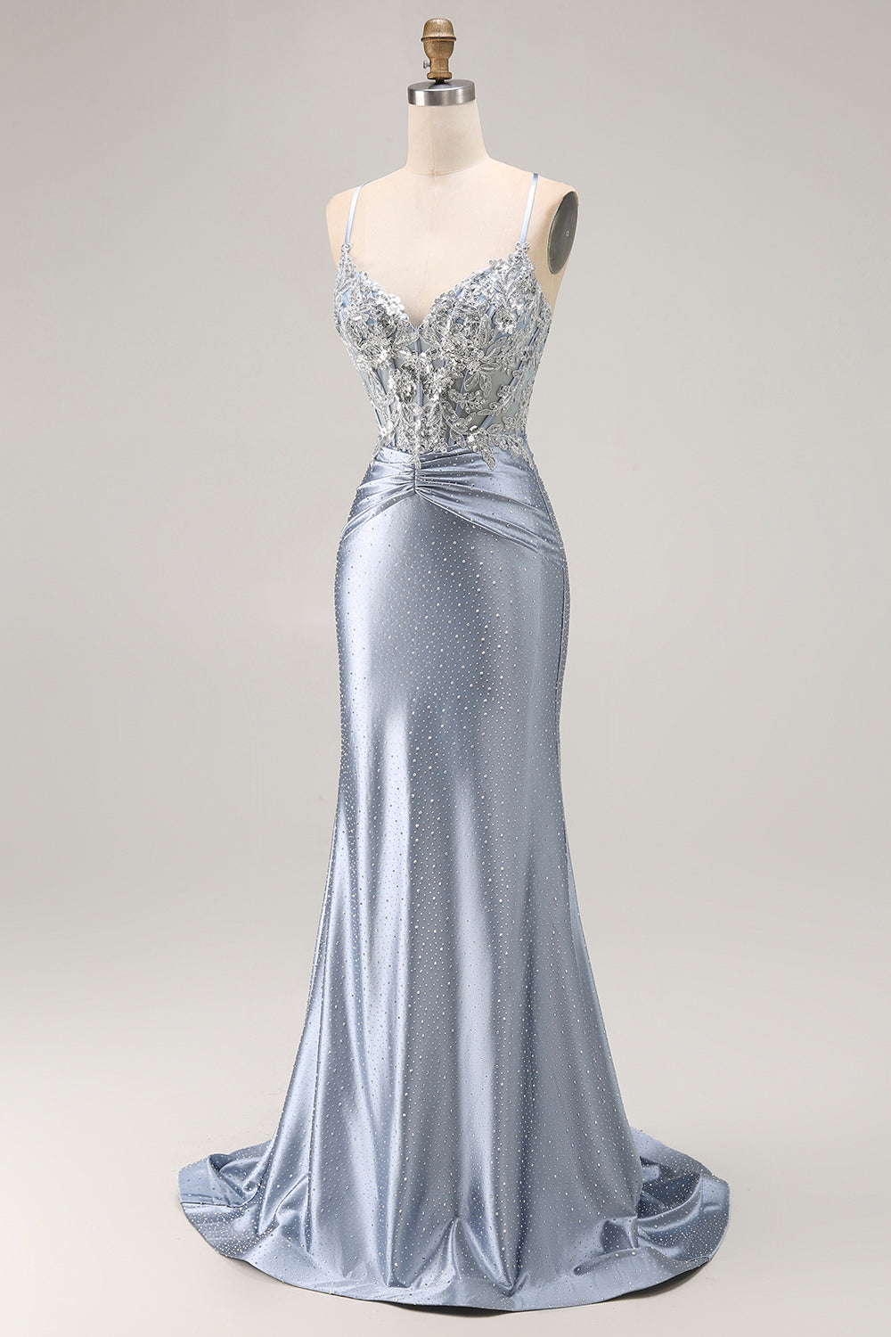Sparkly Grey Blue Satin Mermaid Beaded Long Corset Prom Dress with Appliques