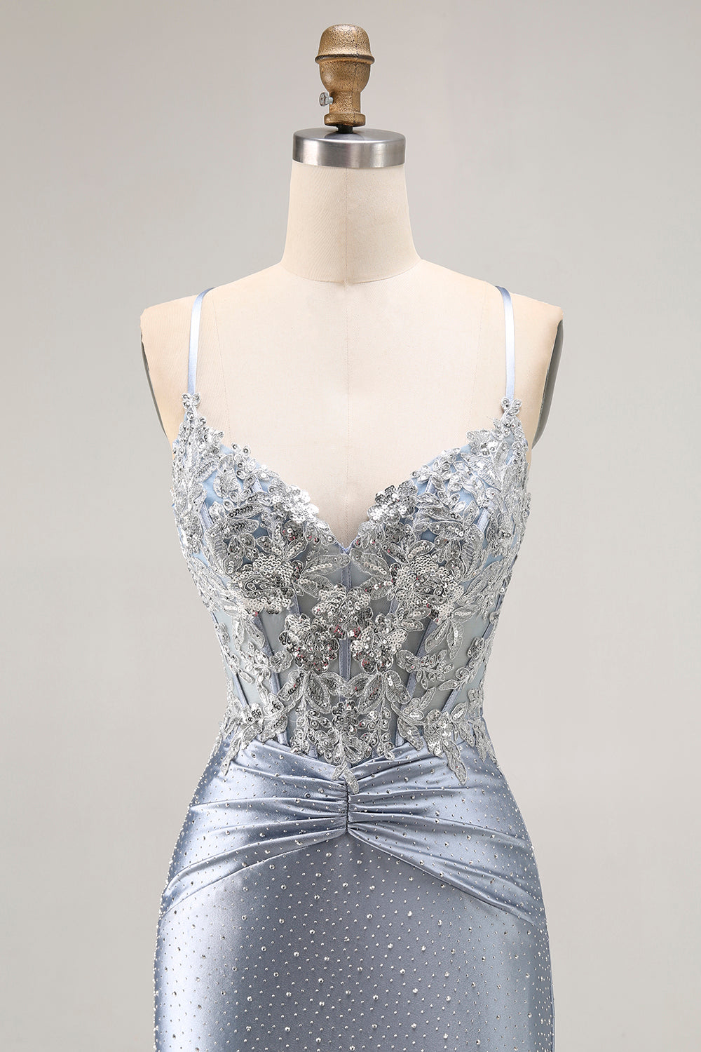 Sparkly Grey Blue Satin Mermaid Beaded Long Corset Prom Dress with Appliques