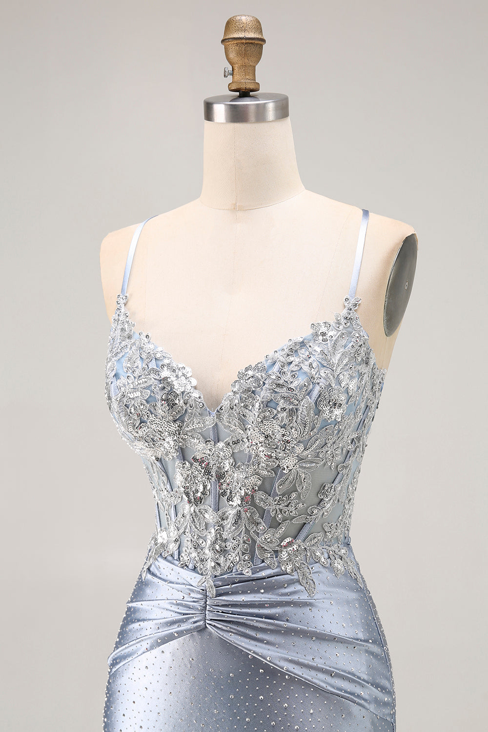 Sparkly Grey Blue Satin Mermaid Beaded Long Corset Prom Dress with Appliques