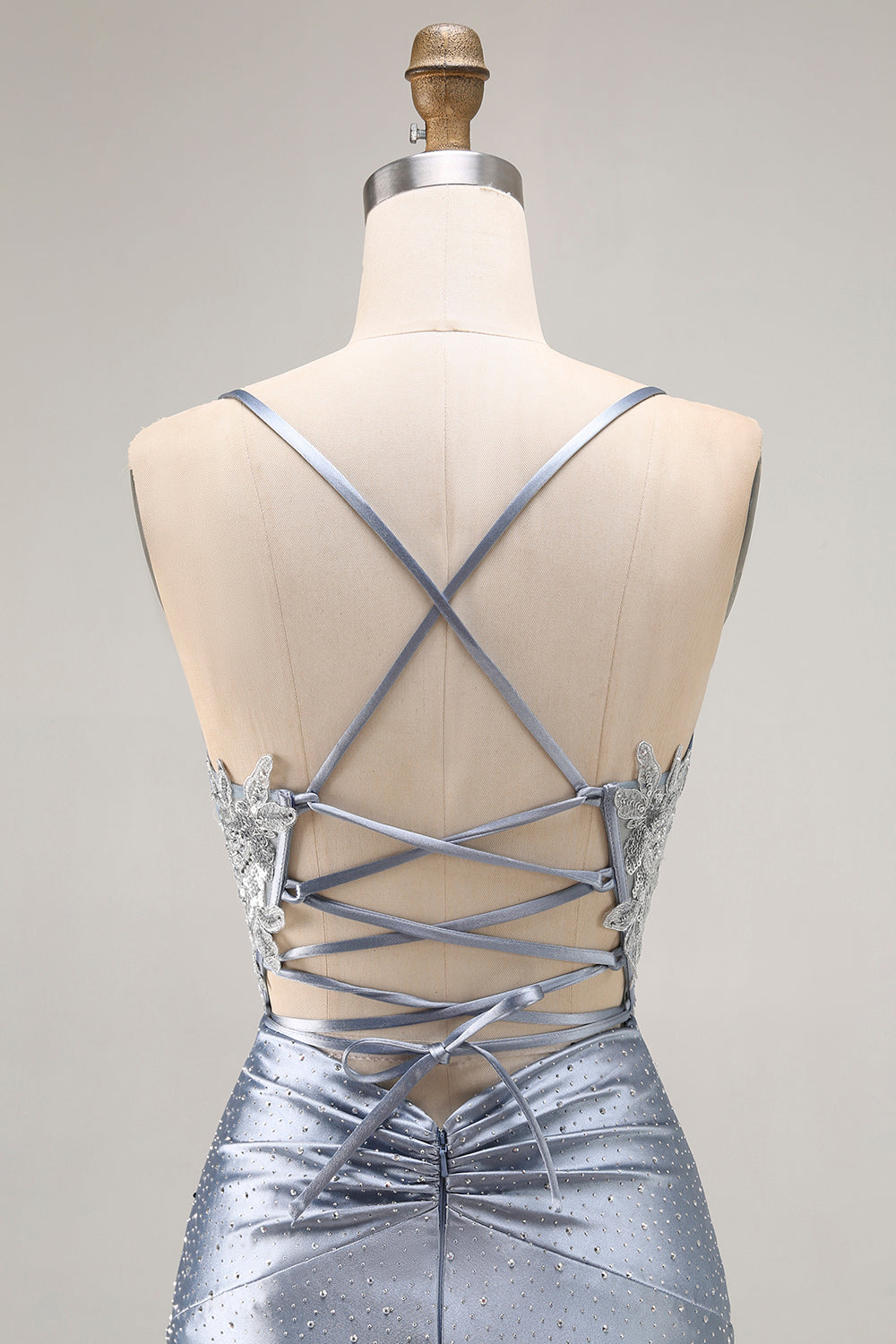 Sparkly Grey Blue Satin Mermaid Beaded Long Corset Prom Dress with Appliques