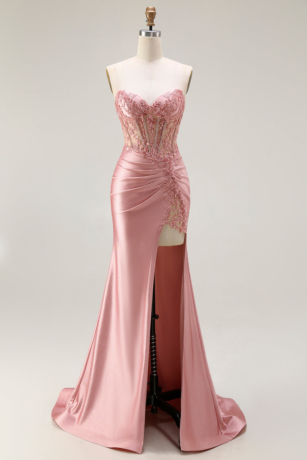 Sparkly Blush Mermaid Strapless Satin Long Corset Prom Dress with Slit