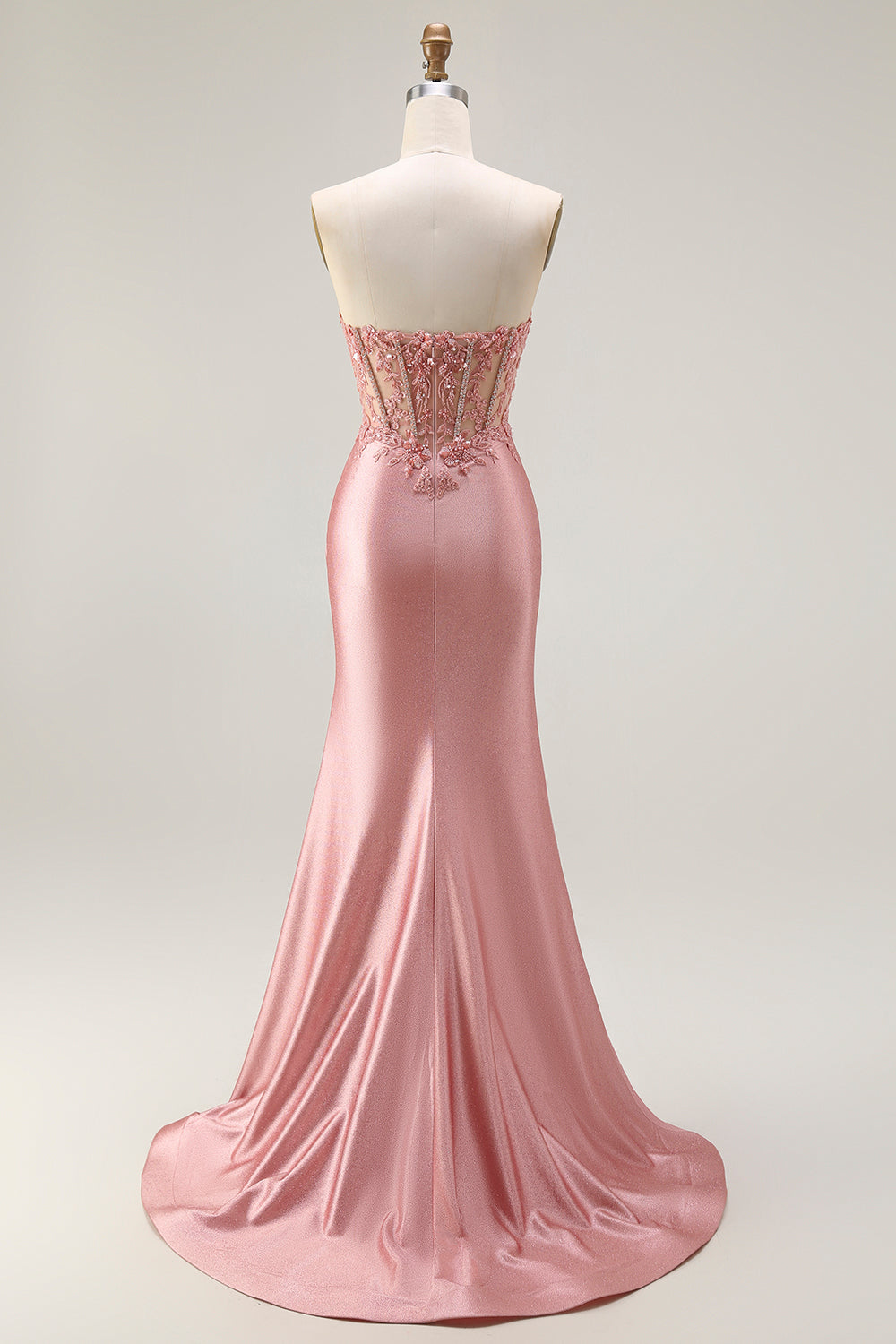 Sparkly Blush Mermaid Strapless Satin Long Corset Prom Dress with Slit