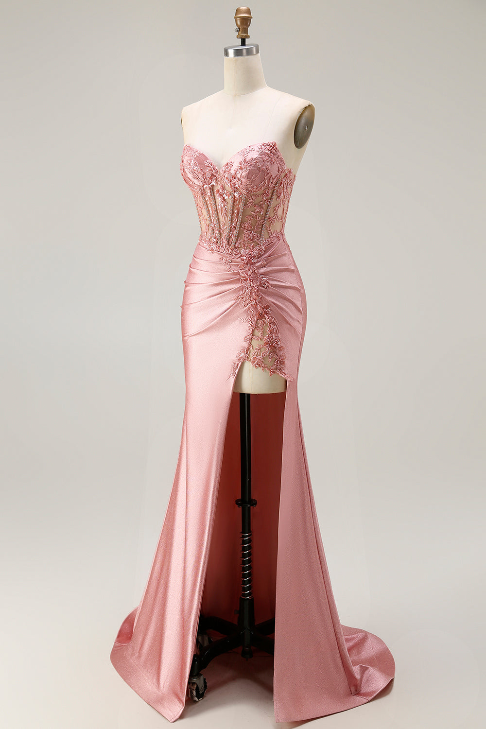Sparkly Blush Mermaid Strapless Satin Long Corset Prom Dress with Slit