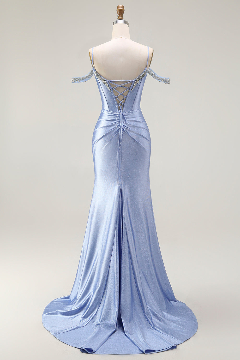 Sparkly Blue Satin Cold Shoulder Long Corset Prom Dress with Detachable Cape