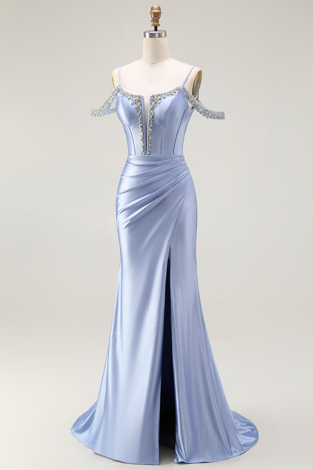 Sparkly Blue Satin Cold Shoulder Long Corset Prom Dress with Detachable Cape