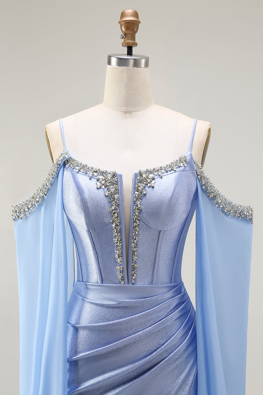 Sparkly Blue Satin Cold Shoulder Long Corset Prom Dress with Detachable Cape