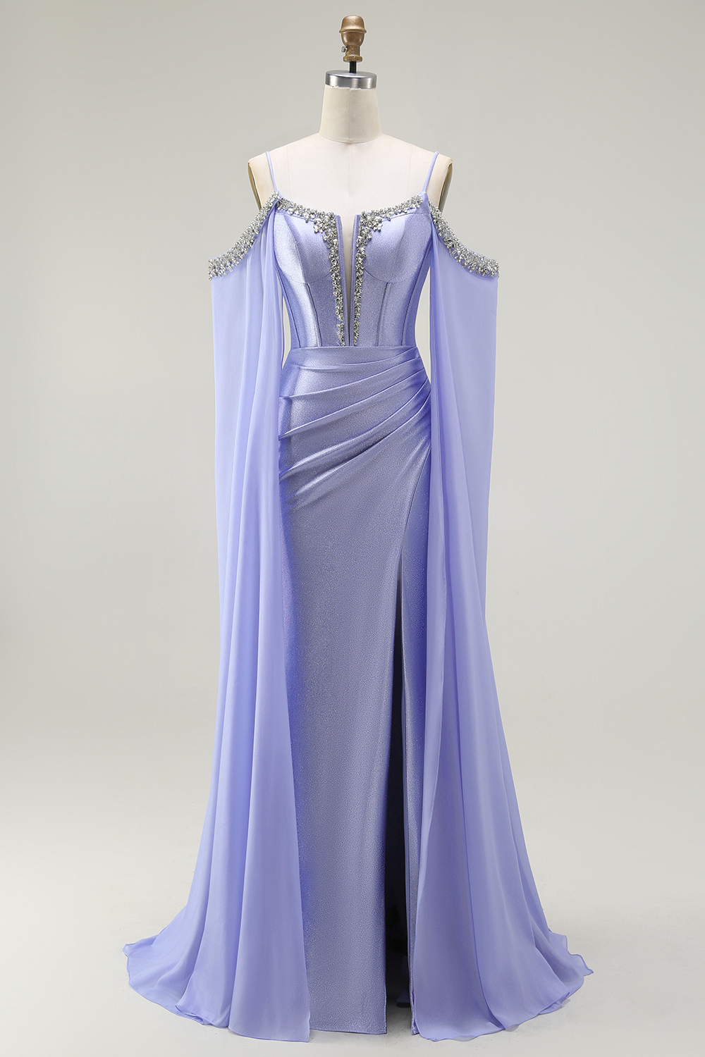 Sparkly Lilac Satin Cold Shoulder Long Corset Prom Dress with Detachable Cape