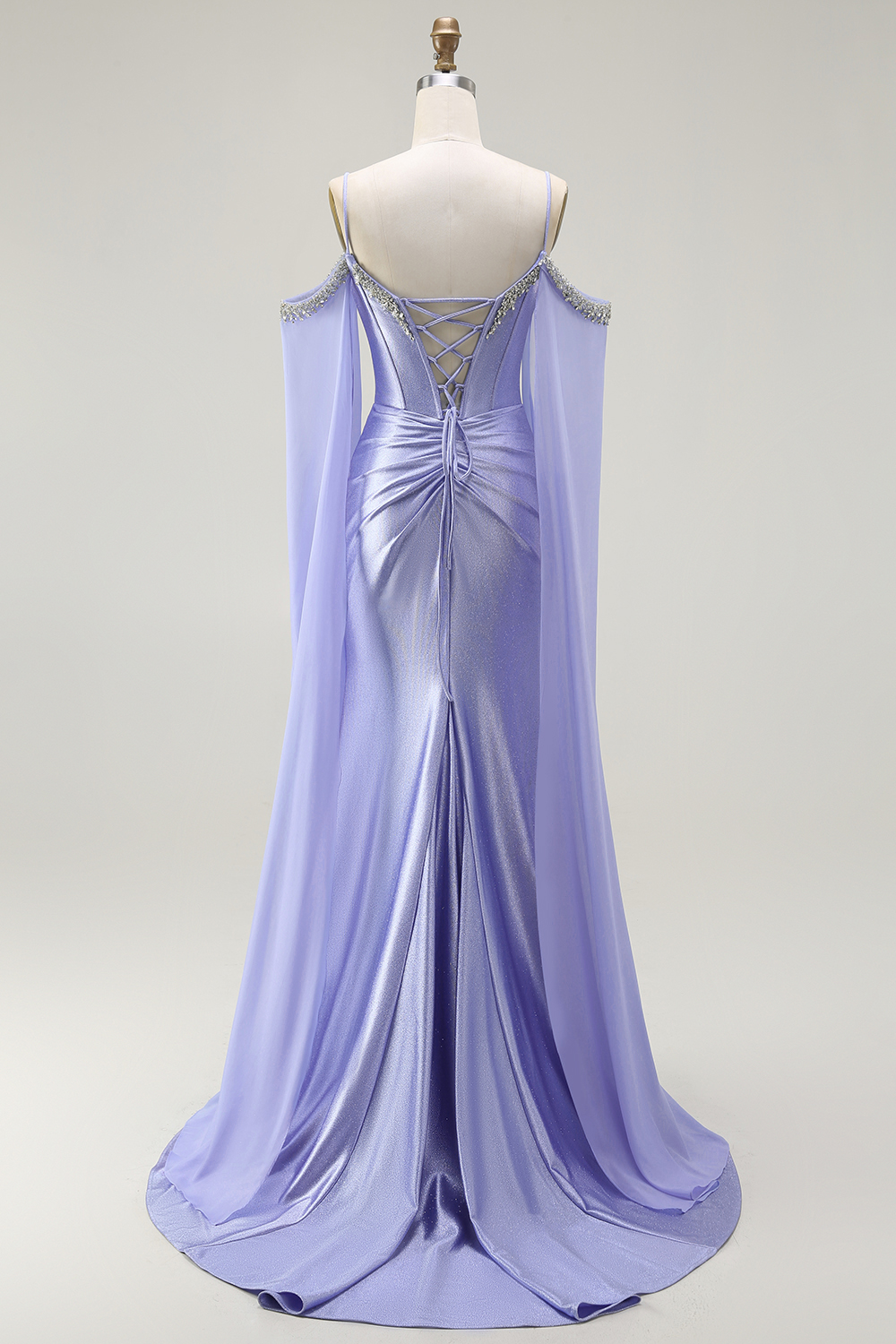 Sparkly Lilac Satin Cold Shoulder Long Corset Prom Dress with Detachable Cape