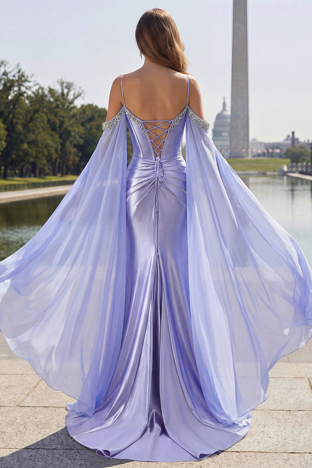 Sparkly Lilac Satin Cold Shoulder Long Corset Prom Dress with Detachable Cape