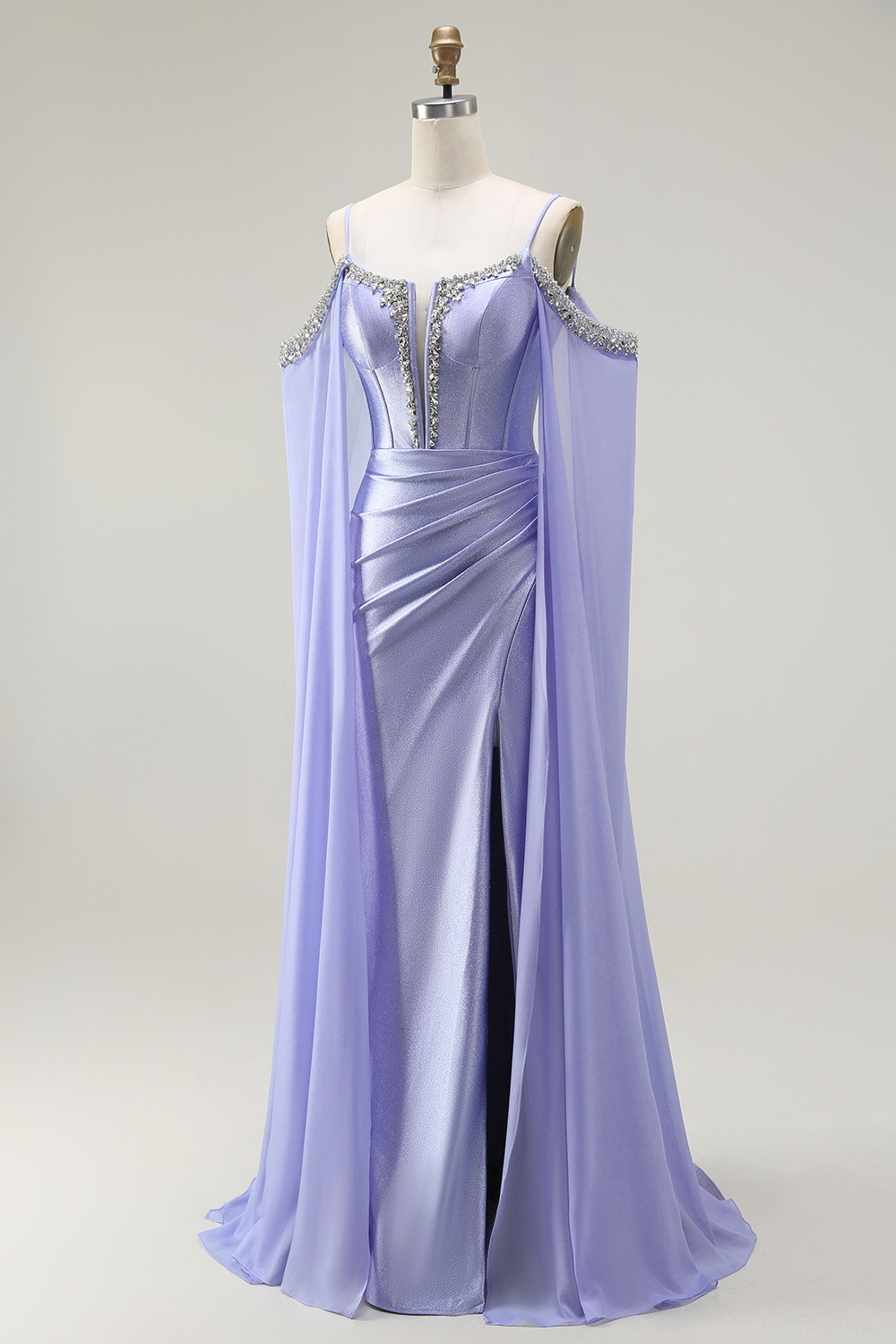 Sparkly Lilac Satin Cold Shoulder Long Corset Prom Dress with Detachable Cape