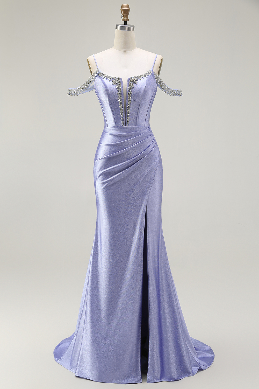 Sparkly Lilac Satin Cold Shoulder Long Corset Prom Dress with Detachable Cape