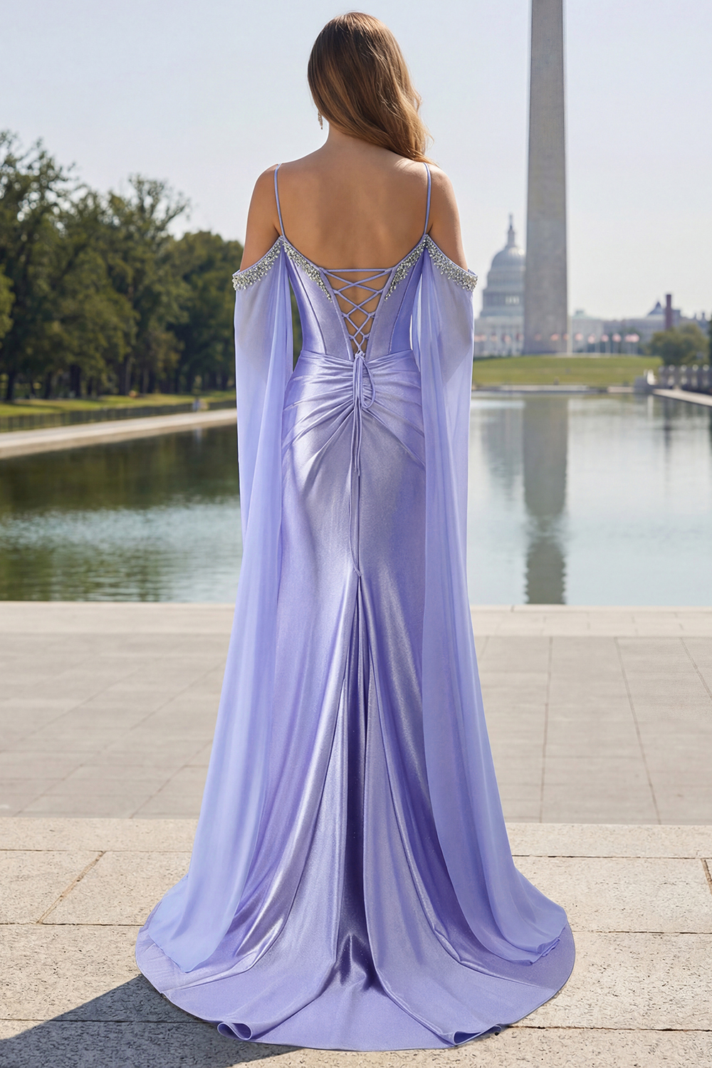 Sparkly Lilac Satin Cold Shoulder Long Corset Prom Dress with Detachable Cape