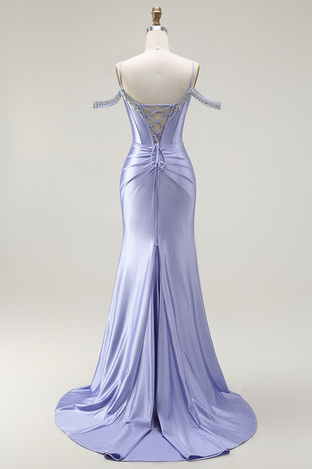 Sparkly Lilac Satin Cold Shoulder Long Corset Prom Dress with Detachable Cape