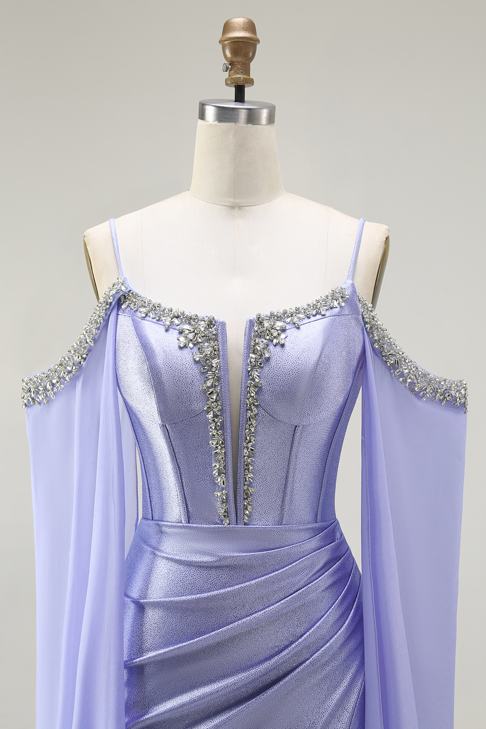 Sparkly Lilac Satin Cold Shoulder Long Corset Prom Dress with Detachable Cape