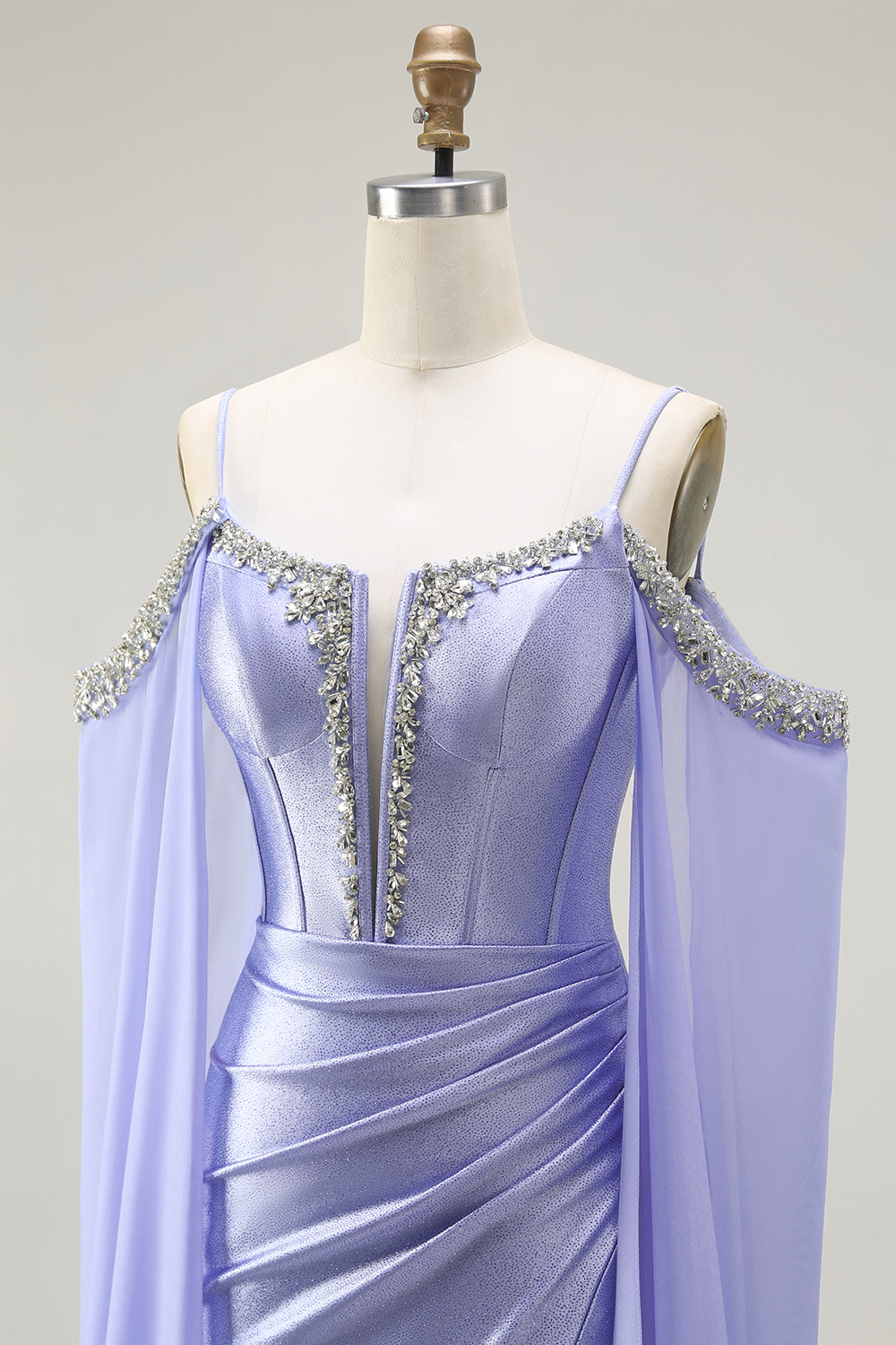 Sparkly Lilac Satin Cold Shoulder Long Corset Prom Dress with Detachable Cape