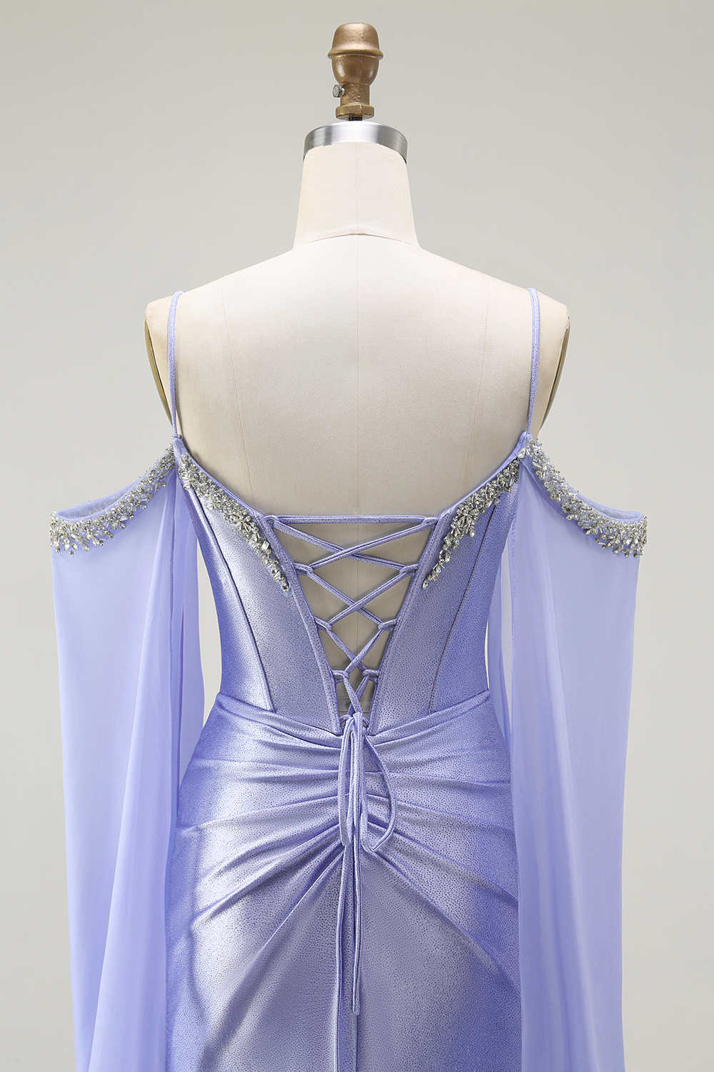 Sparkly Lilac Satin Cold Shoulder Long Corset Prom Dress with Detachable Cape