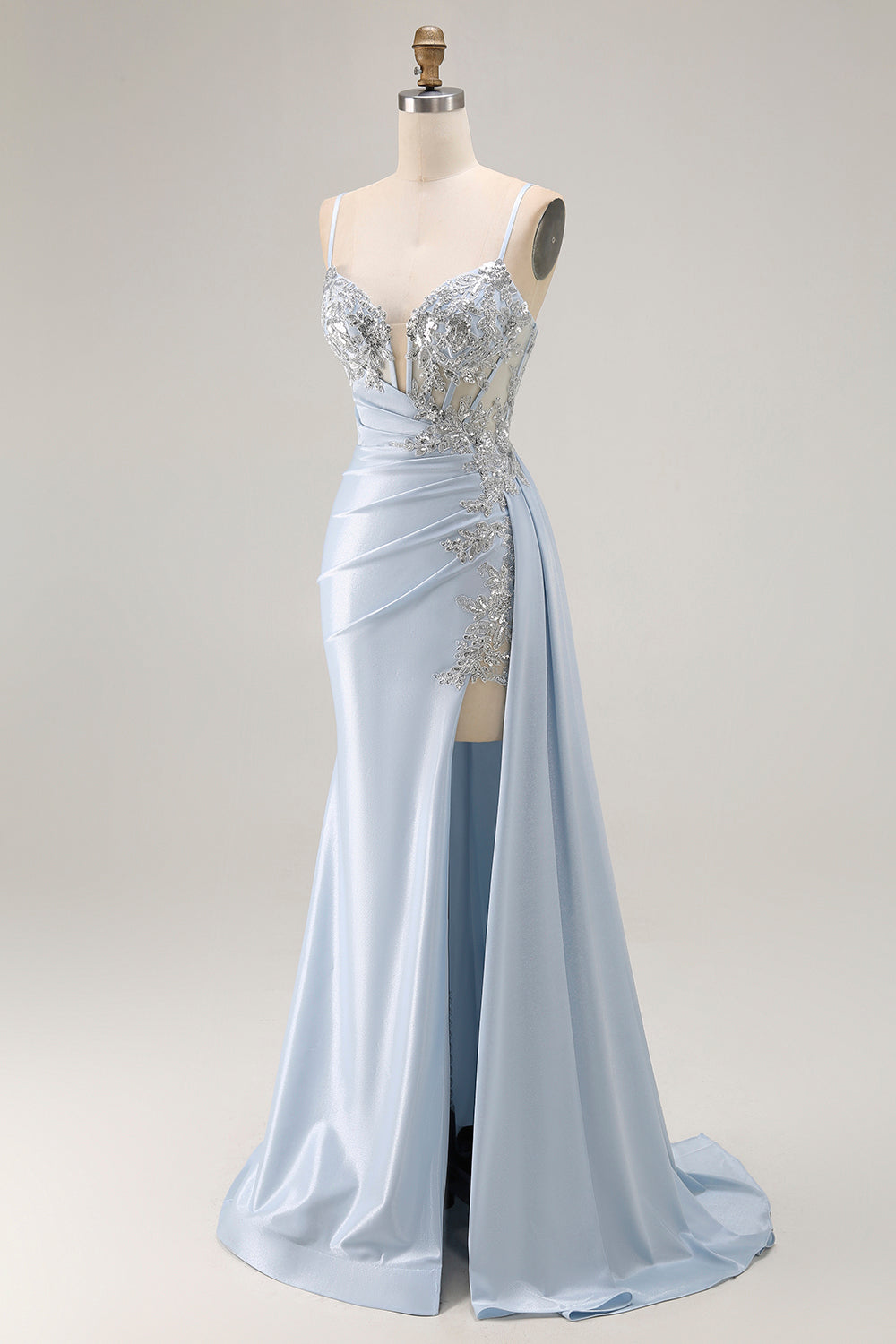 Sparkly Light Blue Mermaid Spaghetti Straps Ruched Long Corset Prom Dress with Slit