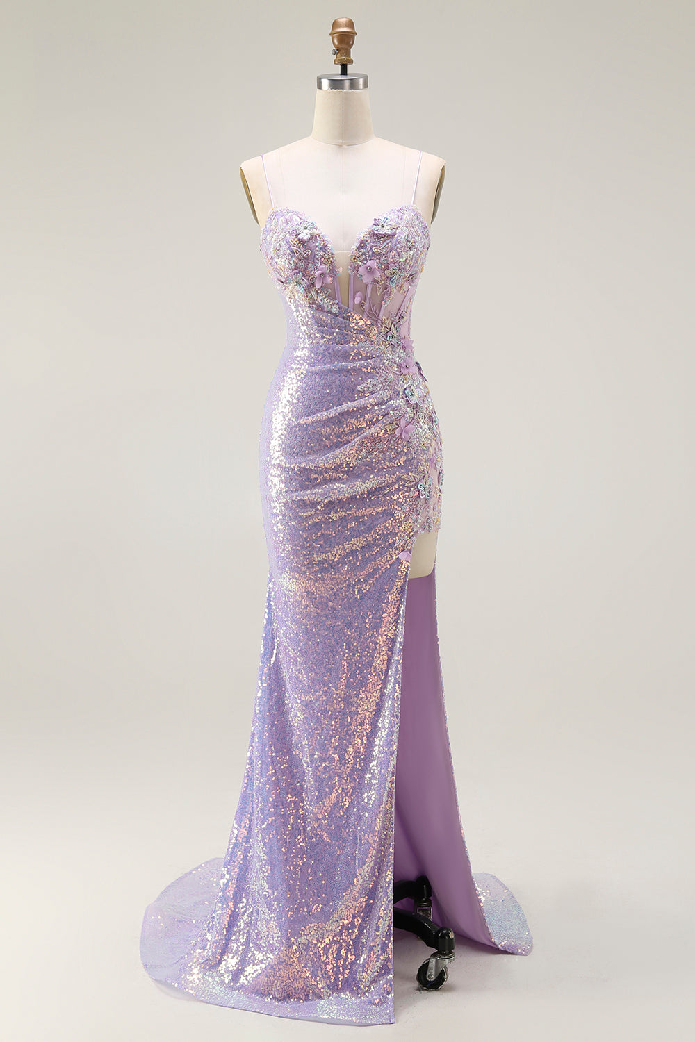 Sparkly Lilac Sequins Mermaid Long Corset Prom Dress with Slit