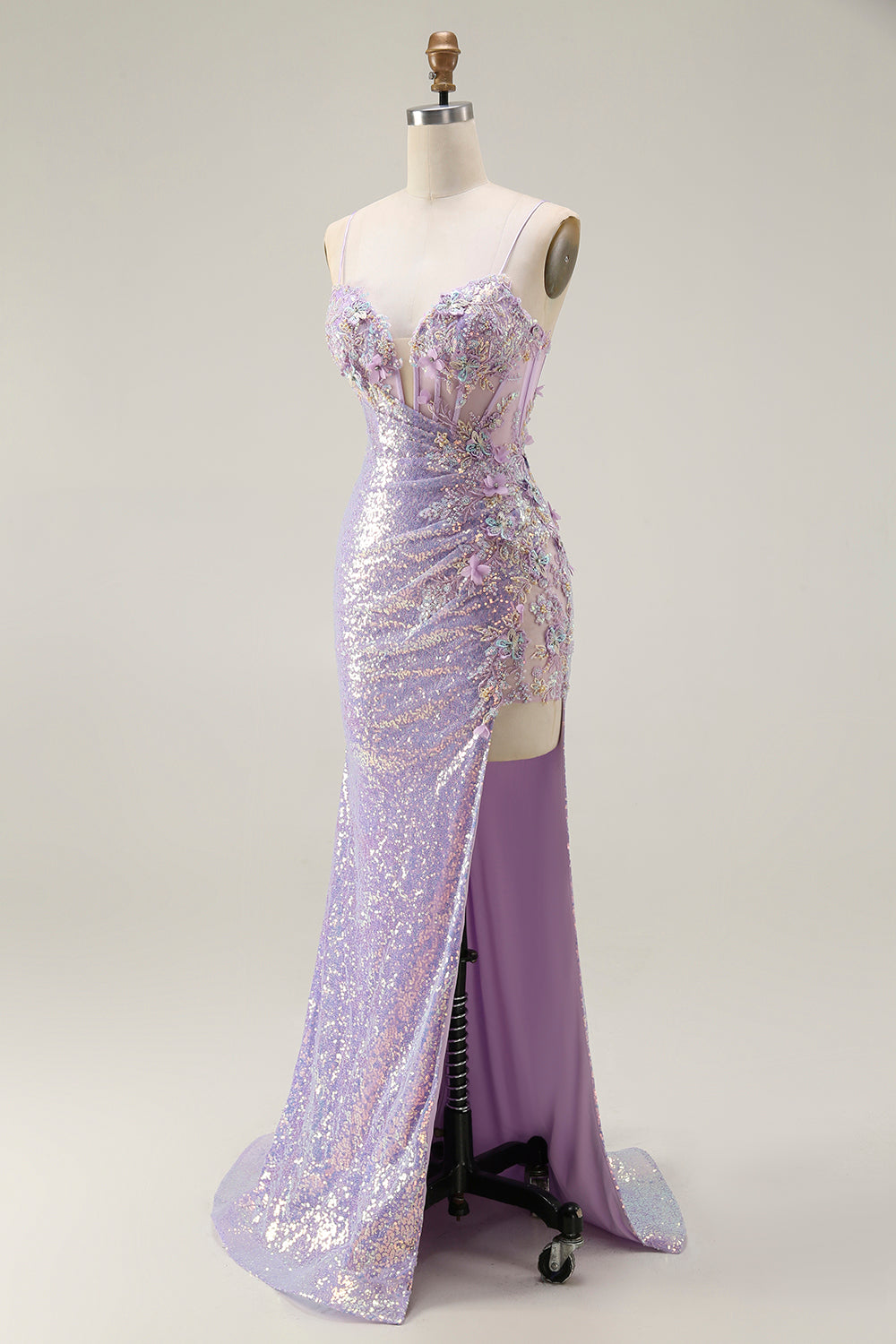 Sparkly Lilac Sequins Mermaid Long Corset Prom Dress with Slit