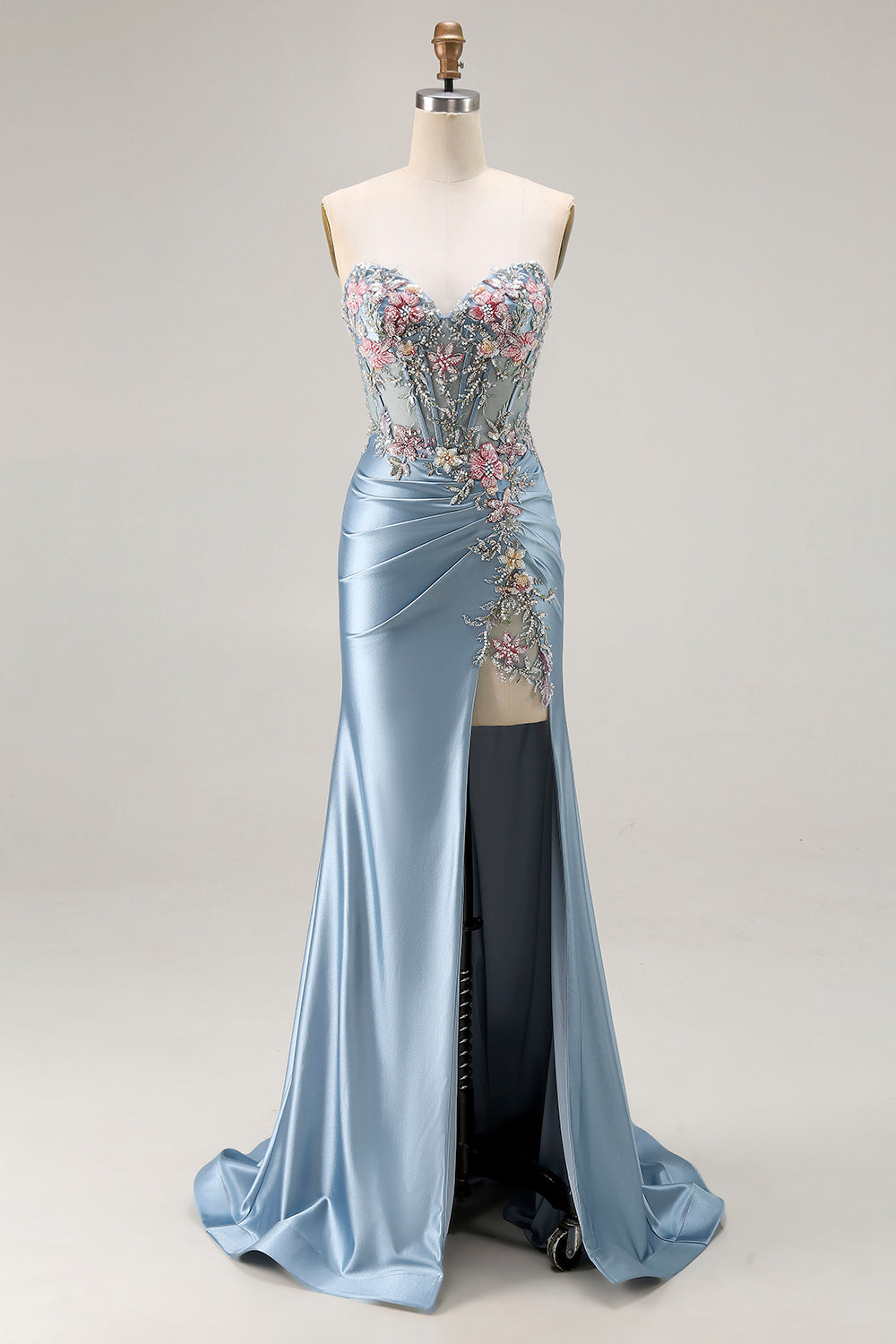 Floral Grey Blue Satin Corset Ruched Long Mermaid Prom Dress with Slit