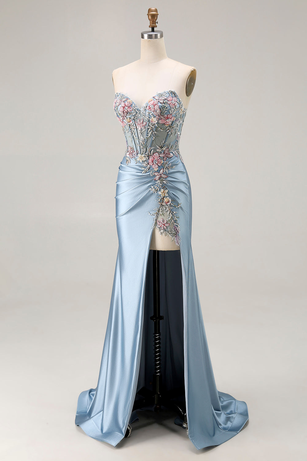 Floral Grey Blue Satin Corset Ruched Long Mermaid Prom Dress with Slit