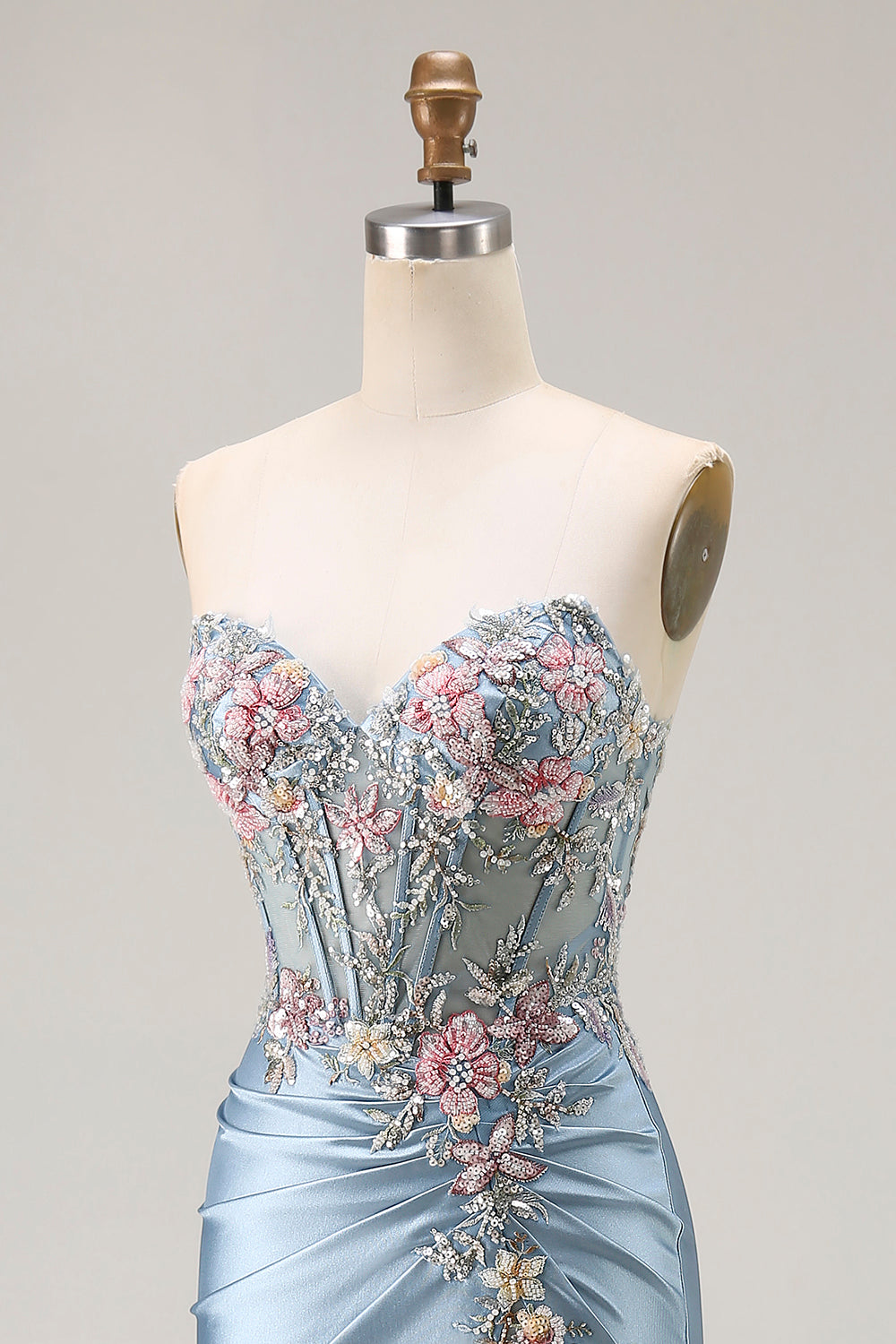 Floral Grey Blue Satin Corset Ruched Long Mermaid Prom Dress with Slit